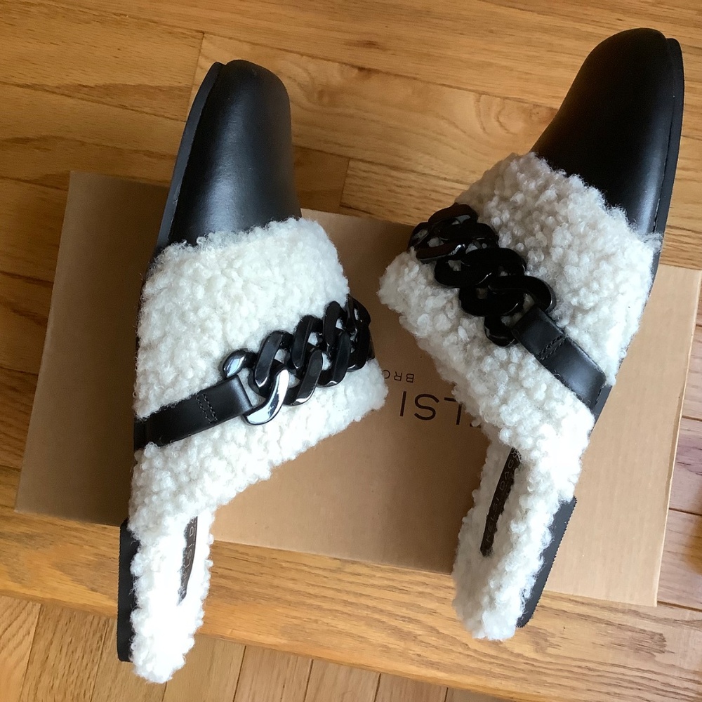 Kelsi Dagger Chunky Chain Faux Shearling Leather Slip-On Mule  Black SZ 9.5 - Picture 10 of 14